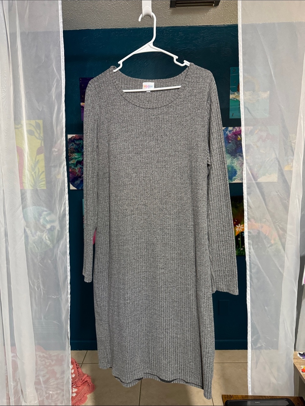 Women’s Long Sleeve Ribbed Knit Dress - Gray